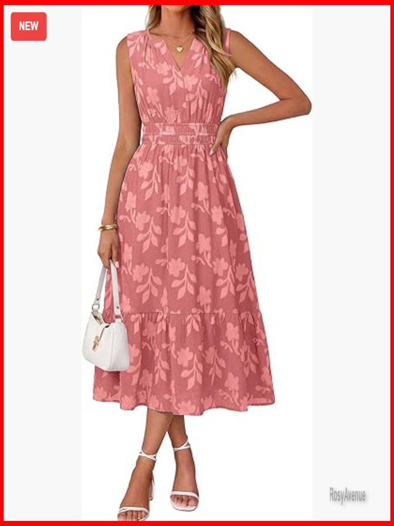 Summer Maxi Dress Boho Floral A-Line V-Neck Sleeveless Empire Waist Sundress